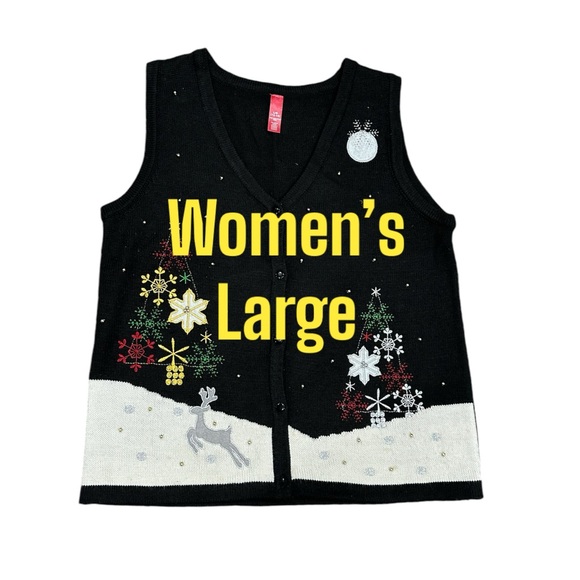 Women’s Holiday Christmas Trees Deer Large Sweater Button Front Vest Black EUC - Picture 2 of 7